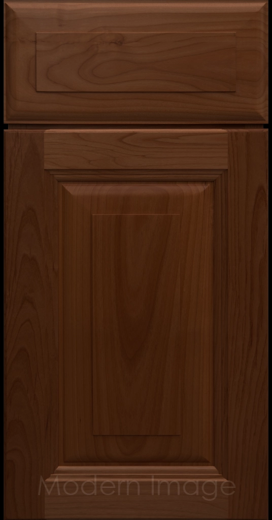 Durango raised panel cabinet door in a Pecan stain featuring a stepped molded frame.